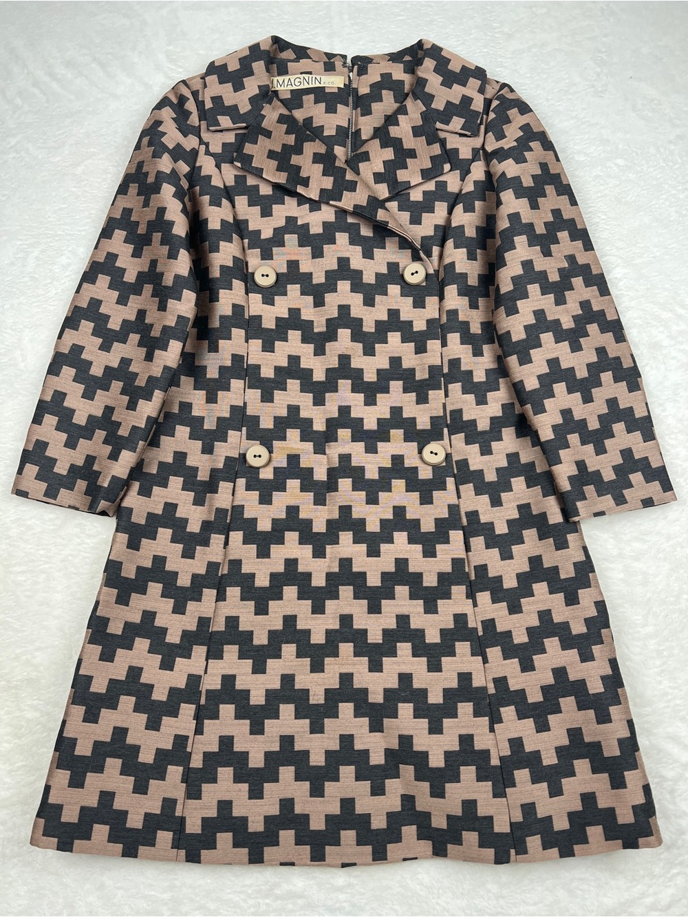 Vintage I Magnin & Co Blazer Dress Womens S M Brown Black Geometric Mod